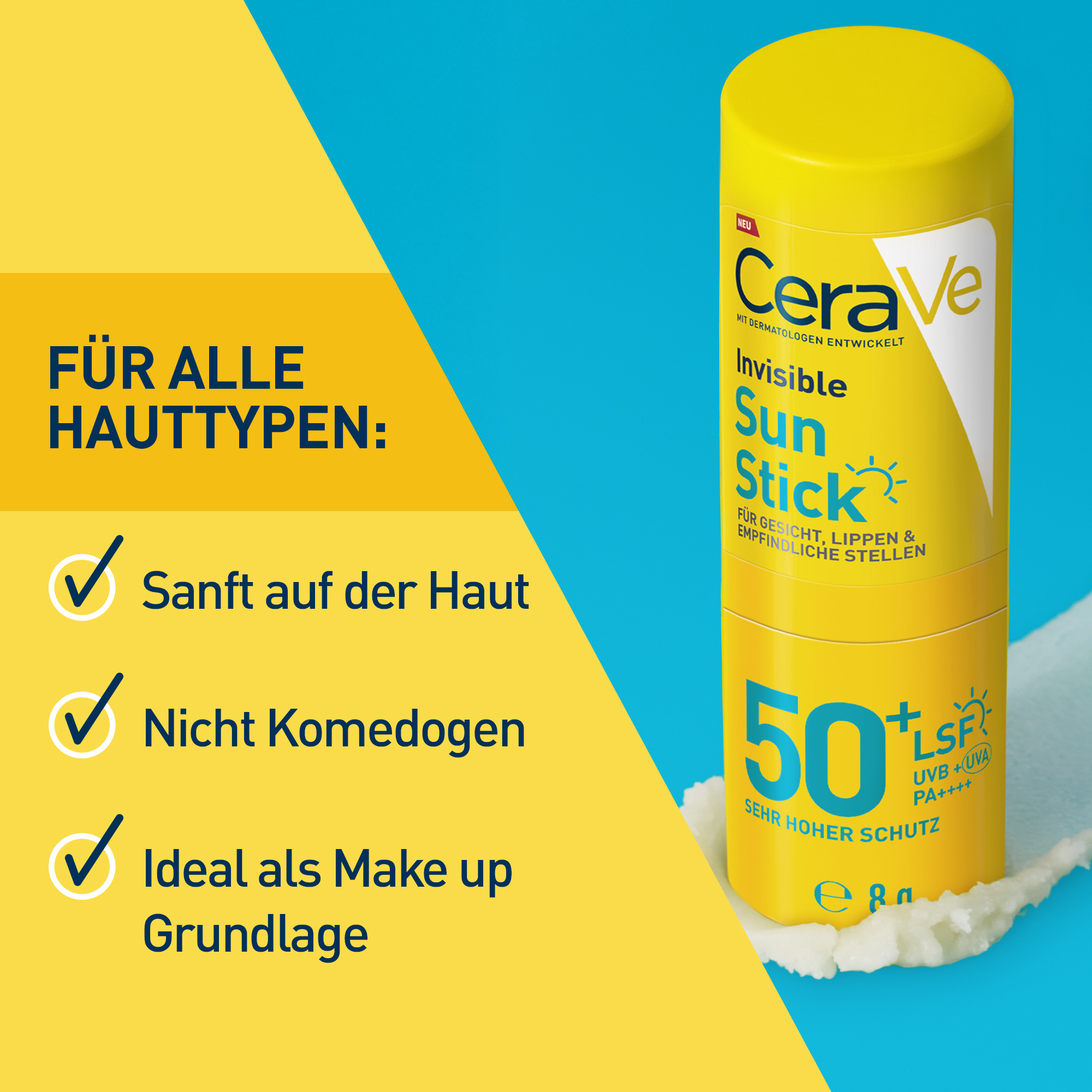 CeraVe Invisible Sun Stick LSF 50+ neben Text. Text: Für alle Hauttypen: sanft, nicht komedogen, ideal als Make-up Grundlage.